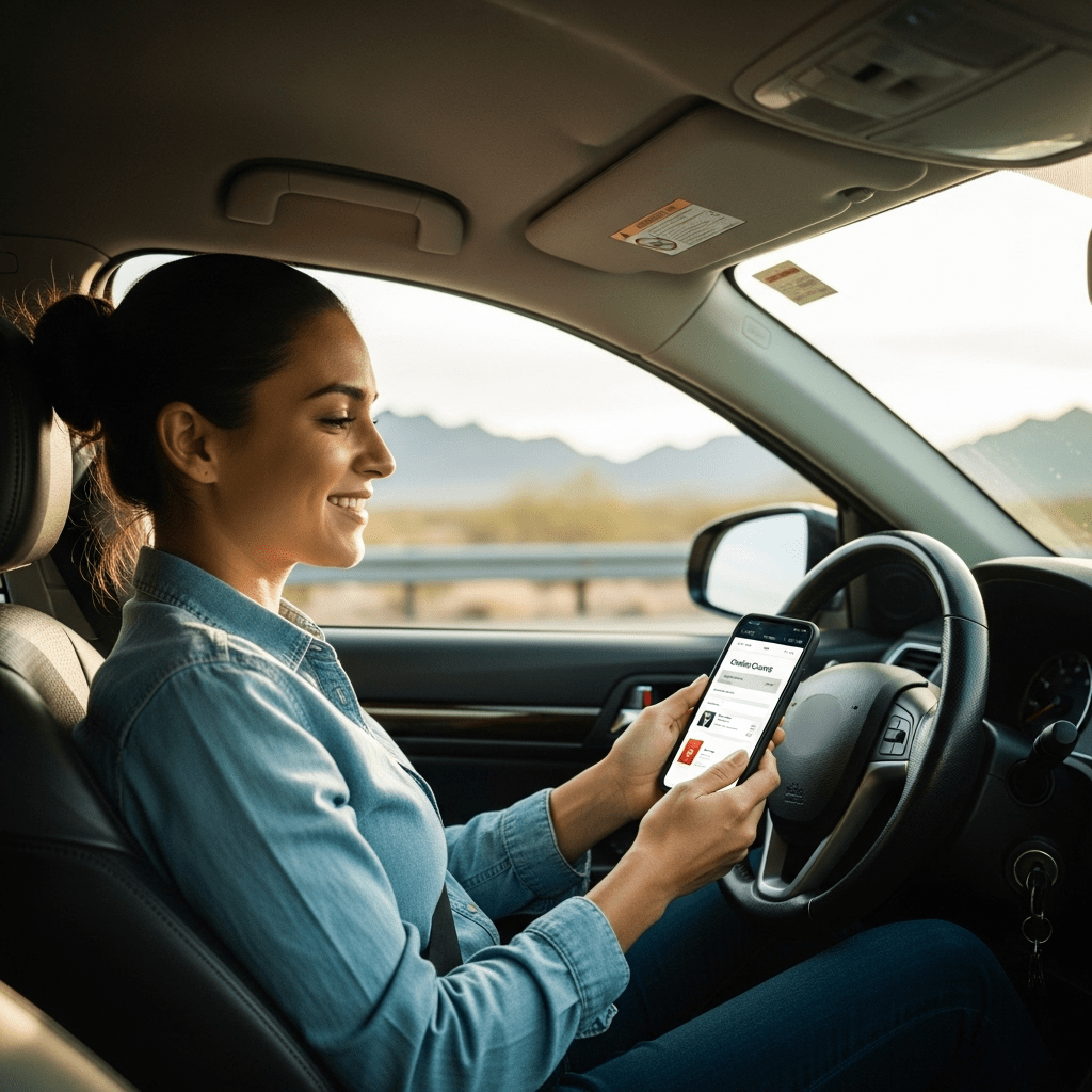 Happy student taking Arizona defensive driving course online in car
